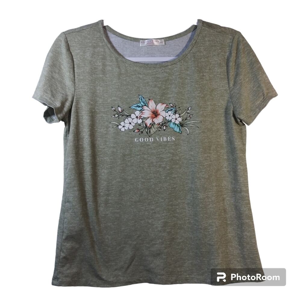Rose + Vine Green Heathered Casual Tee Floral Print Good Vibes Size M